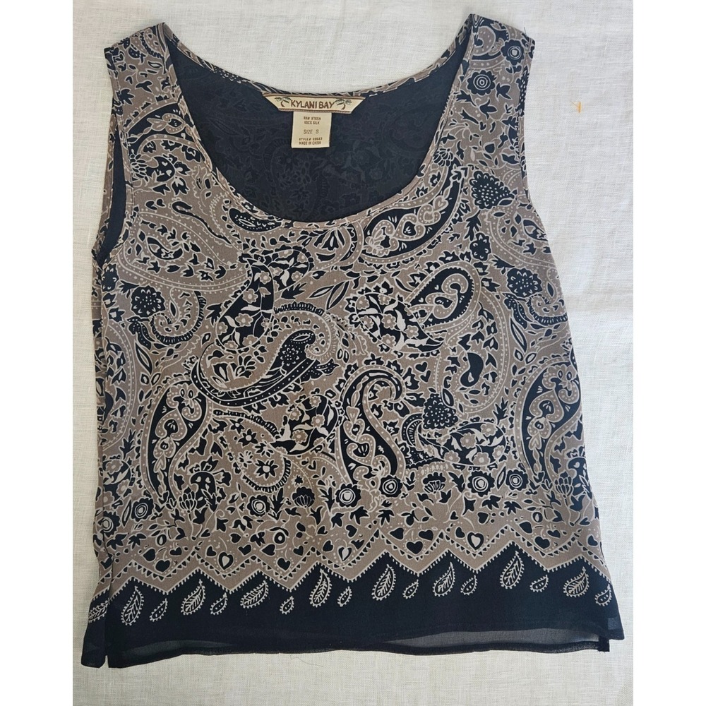Kylani Bay 100% Silk Lined Paisley Sleeveless Shell Neutral Boho Top‎ Size Small